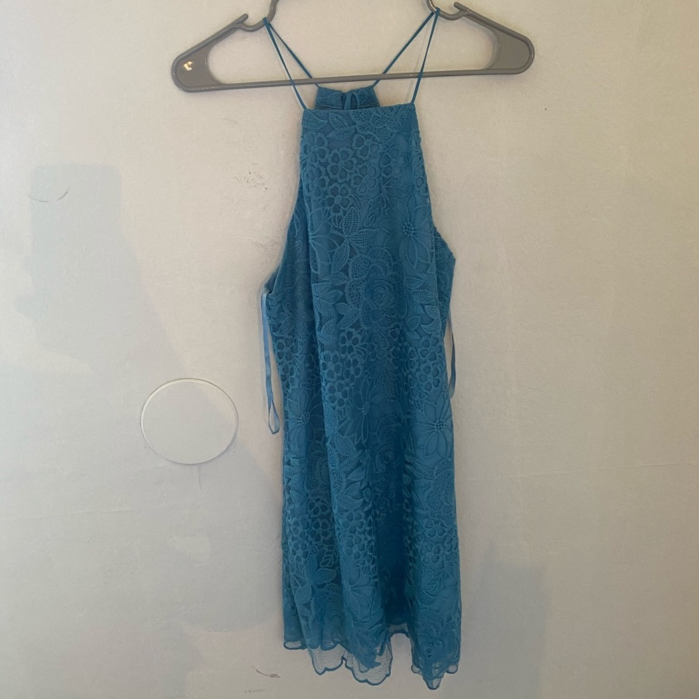 Blue High Neck Lace Dress